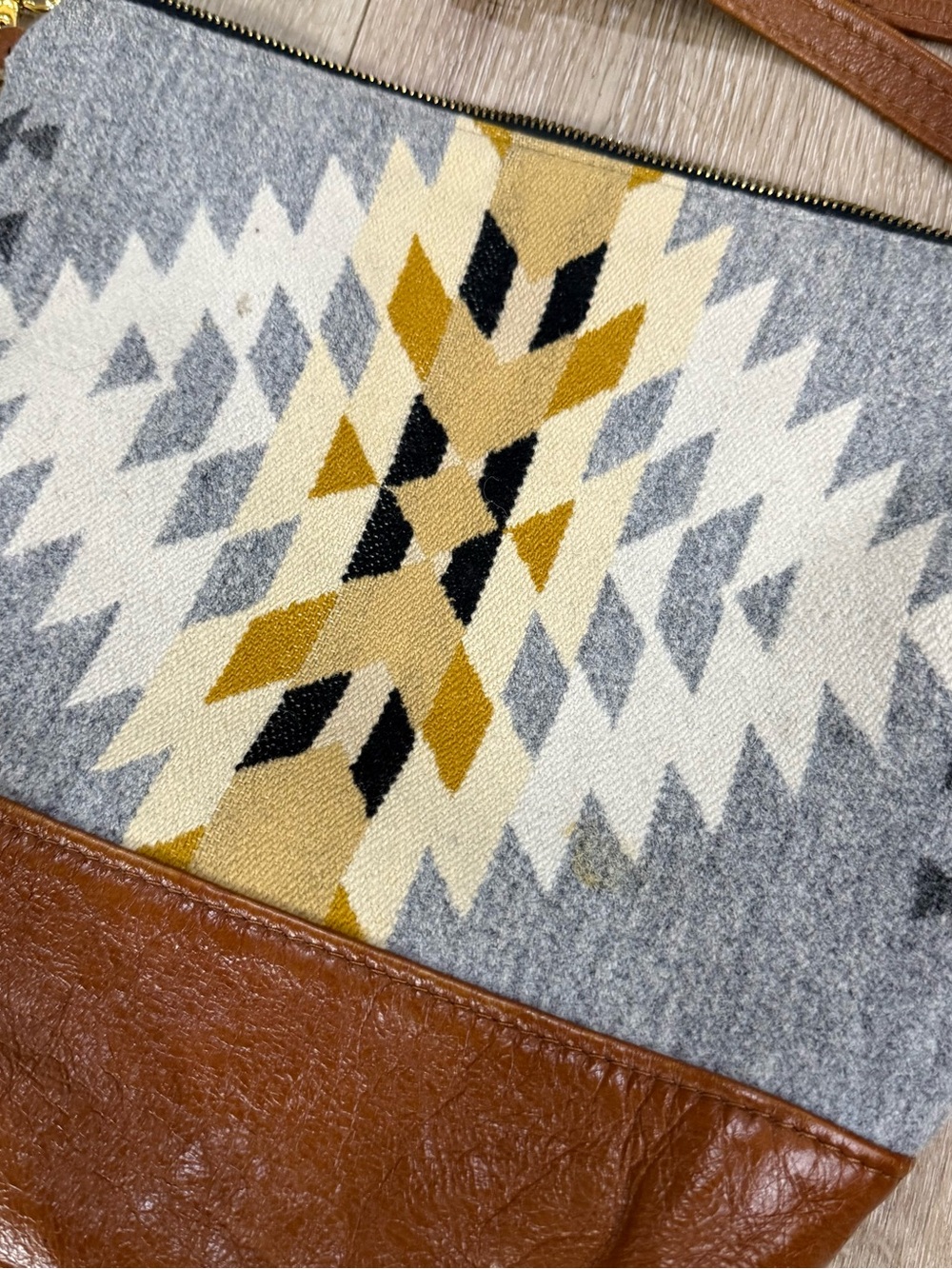 Tribal Gray & Mustard Southwestern Crossbody Bag with Brown Trim - Picture 2 of 8